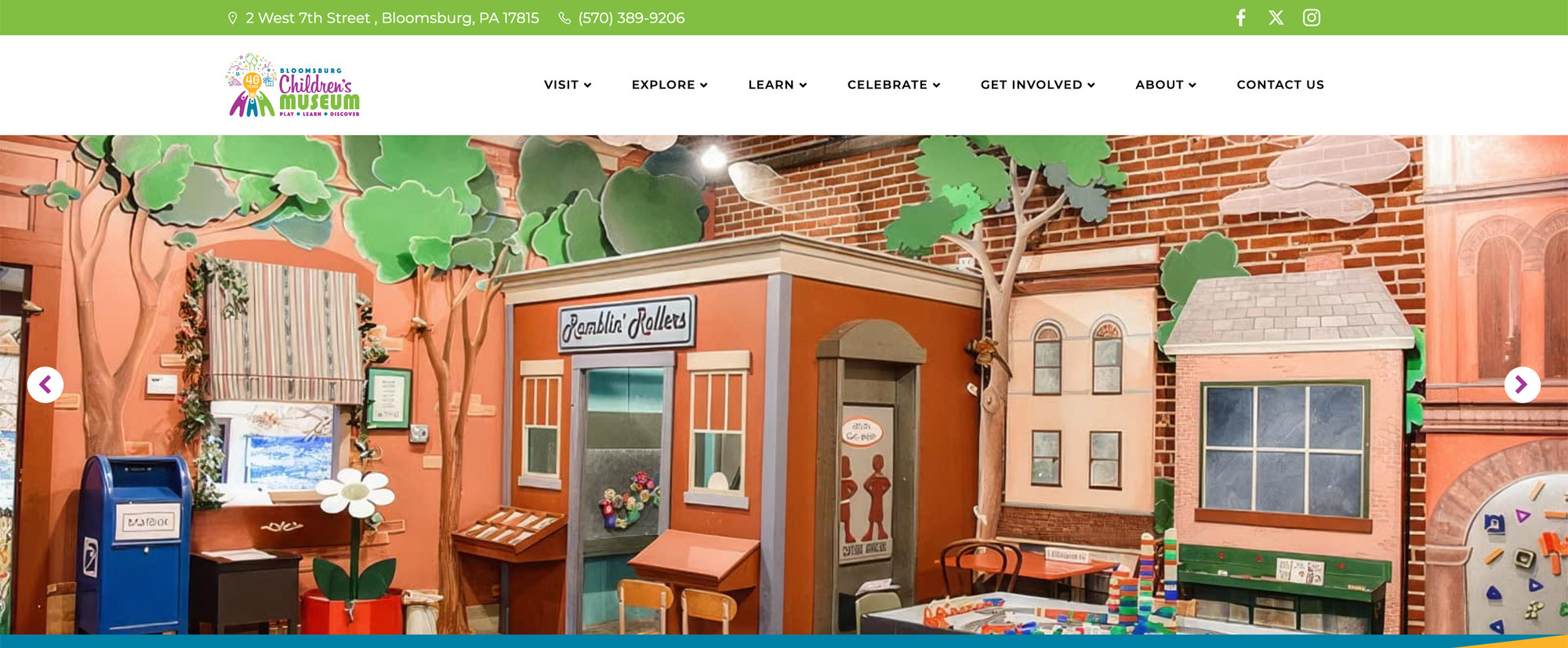 The top of the Bloomsburg Children's Museum homepage, showing the menu items and a picture.
